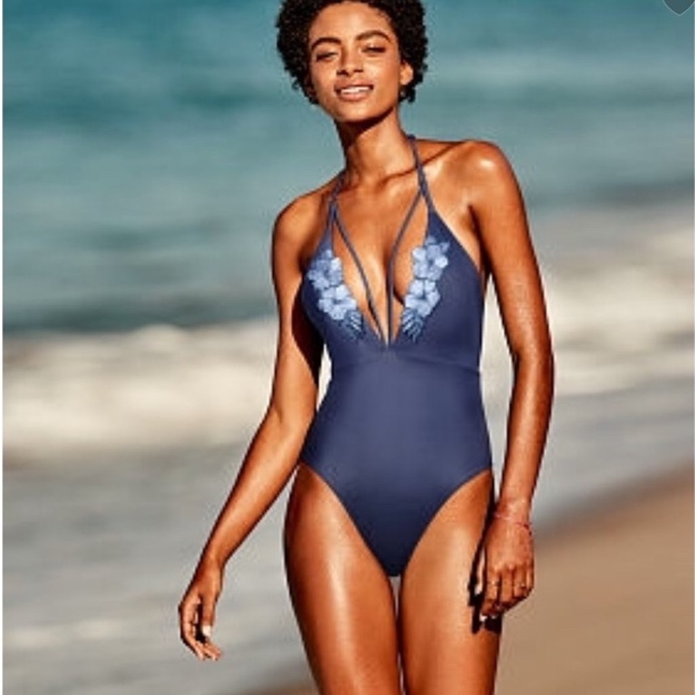 FINAL OFFER | VS Navy Embroidered One Piece Swimsuit Deep Plunge with Straps